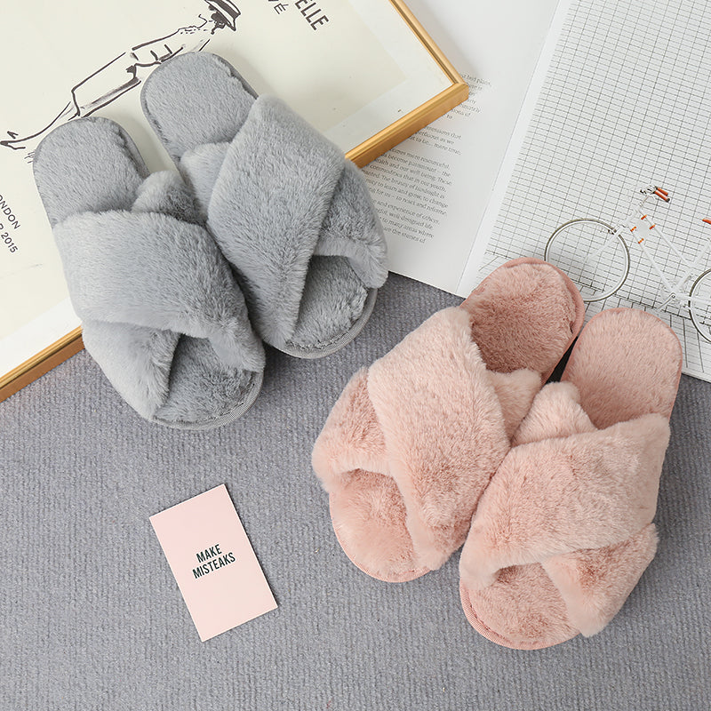 Faux Fur Crisscross Strap Slippers