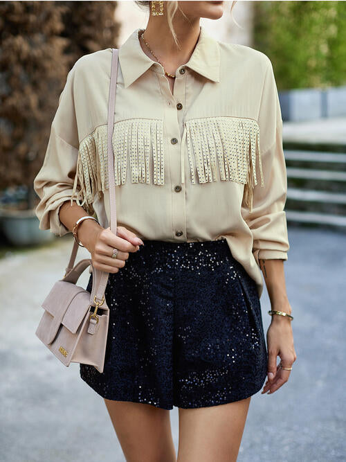 Buttoned Tassel Collared Neck Shirt