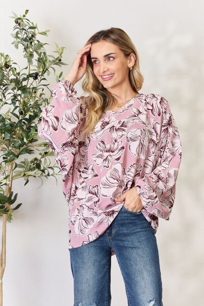 Heimish Full Size Floral V-Neck Balloon Sleeve Blouse