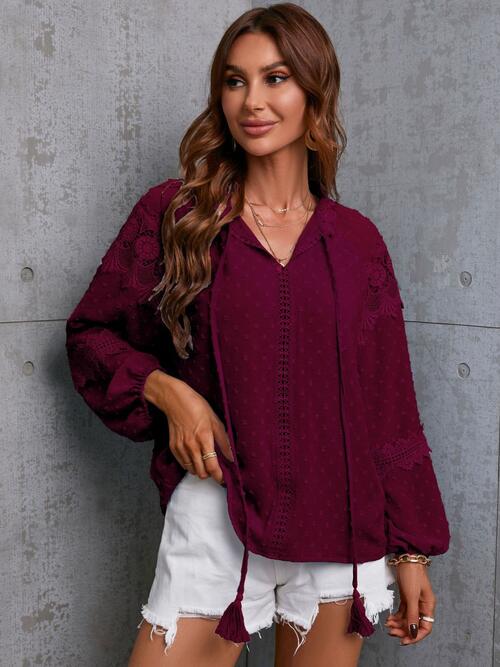 Crochet Tassel Tie Neck Long Sleeve Blouse