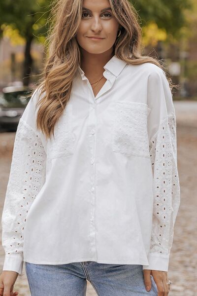 Openwork Button Up Pocketed Shirt