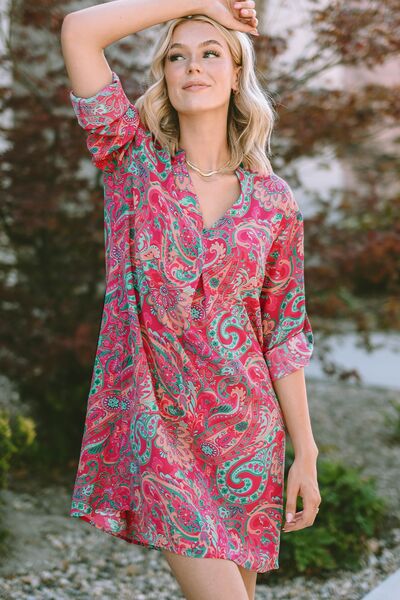 Printed V-Neck Long Sleeve Mini Dress