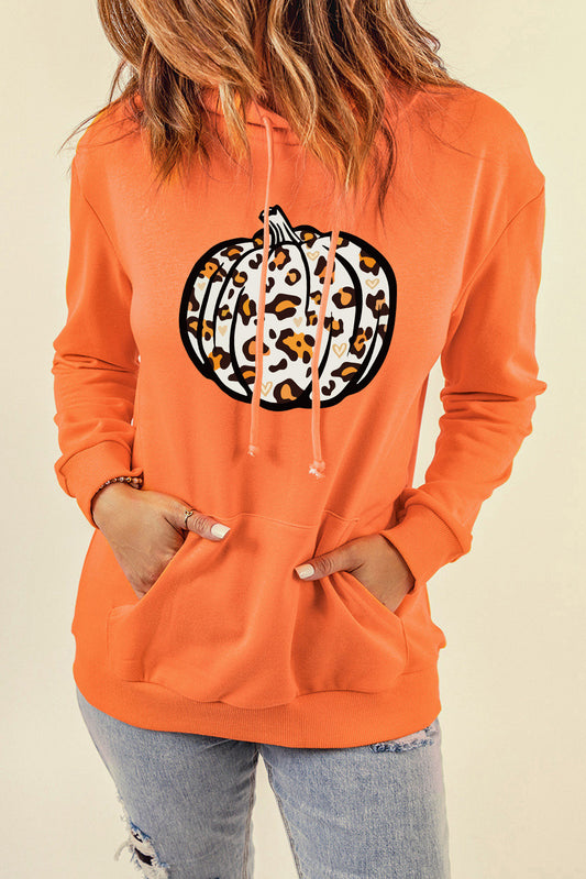 Leopard Pumpkin Graphic Hoodie with Pocket