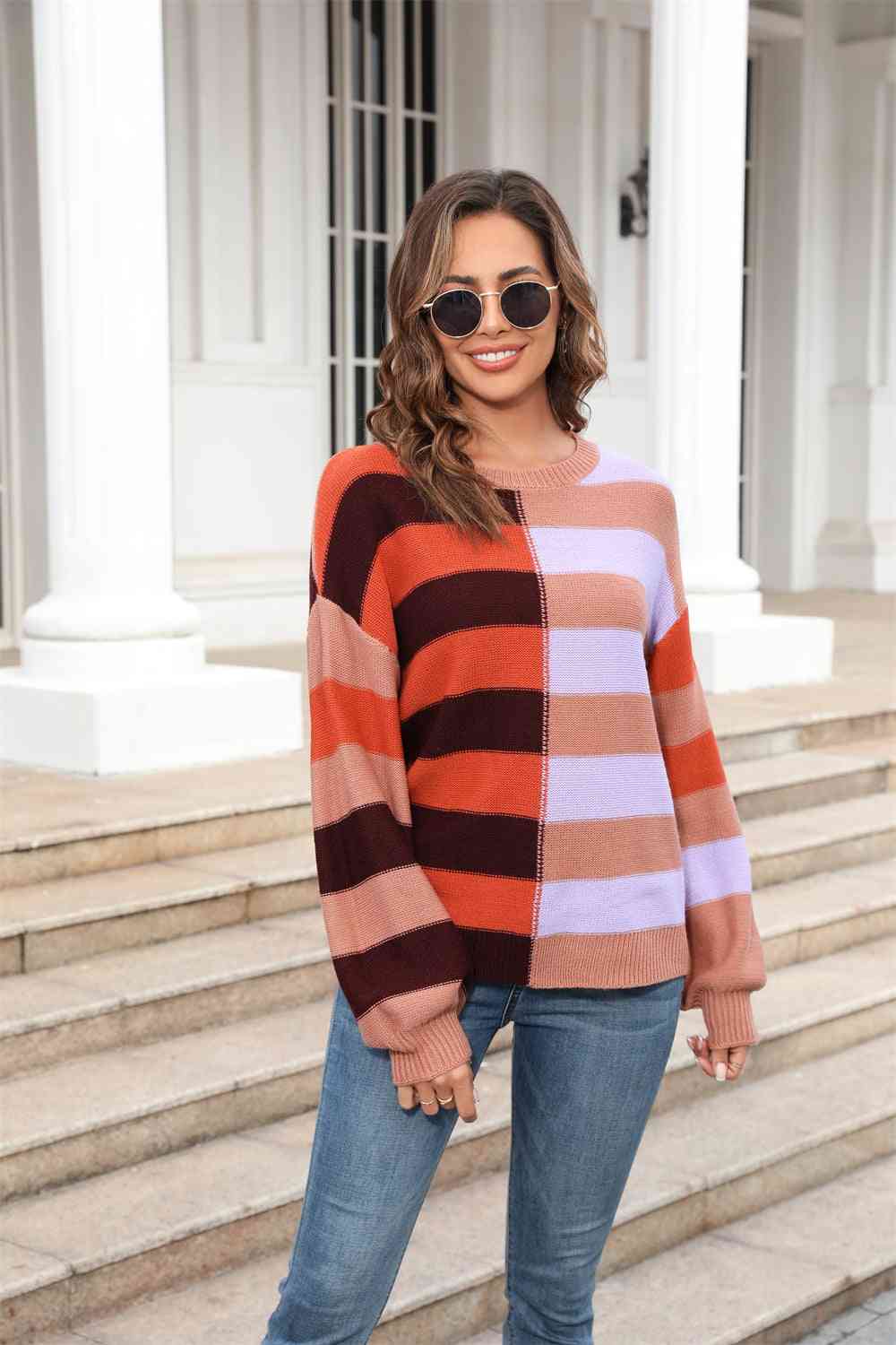 Round Neck Long Sleeve Color Block Dropped Shoulder Pullover Sweater