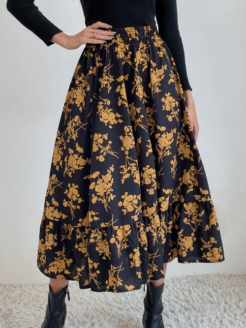 Printed Ruffle Hem Midi Skirt