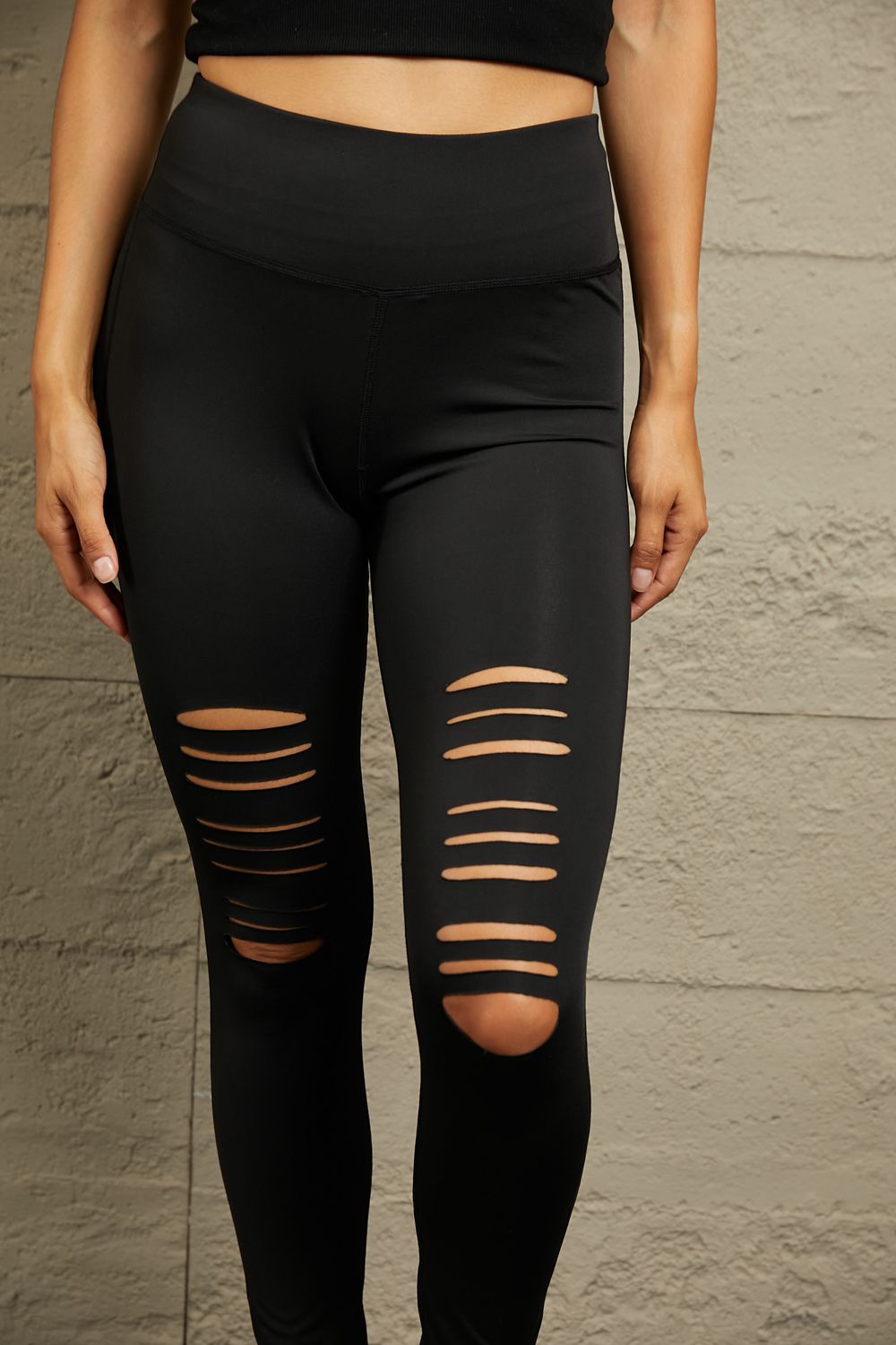 Double Take Wide Waistband Distressed Slim Fit Leggings