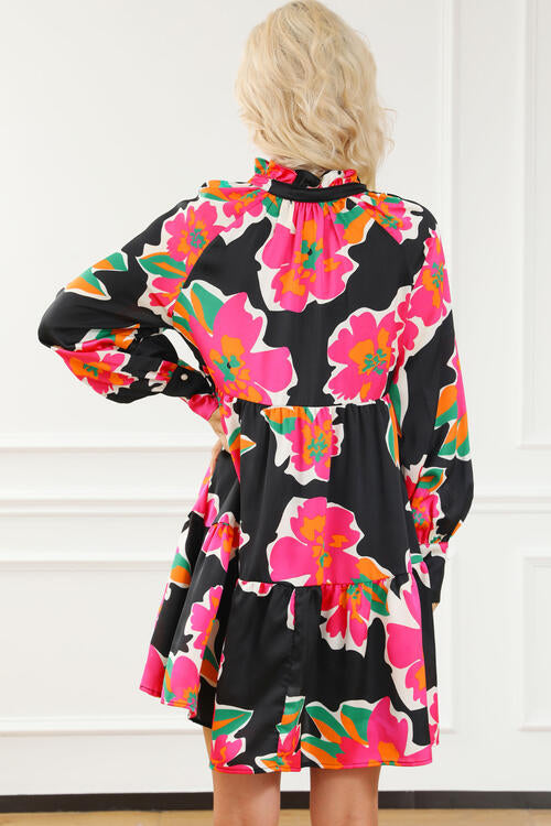 Flower Print Notched Ruffle Hem Dress