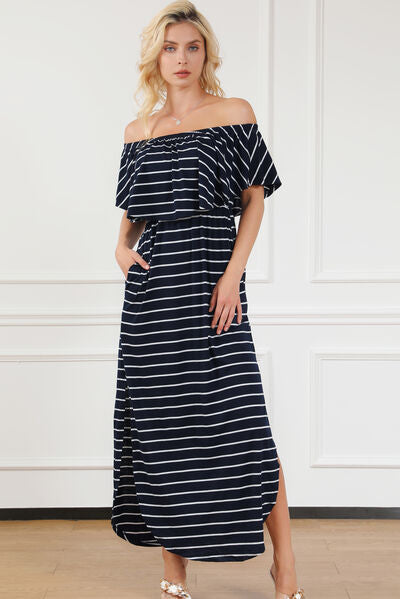 Striped Off-Shoulder Slit Dress