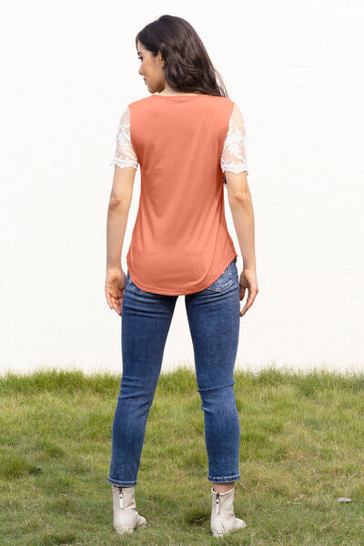 Square Neck Lace Short Sleeve T-Shirt