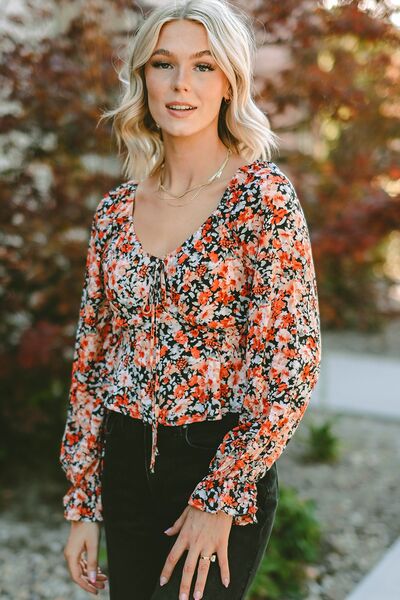 Floral Tied Flounce Sleeve Peplum Blouse