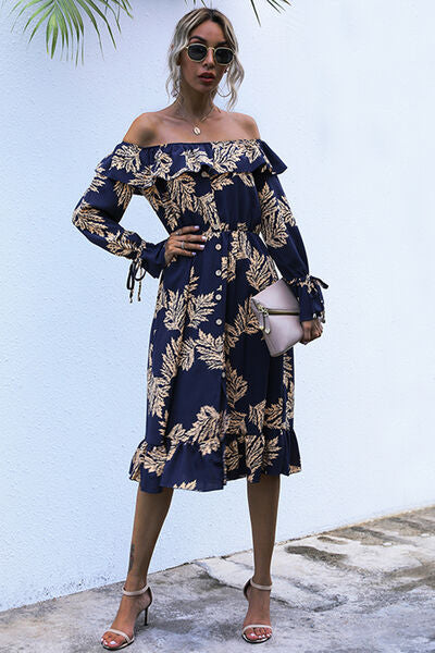 Ruffled Printed Off-Shoulder Midi Dress