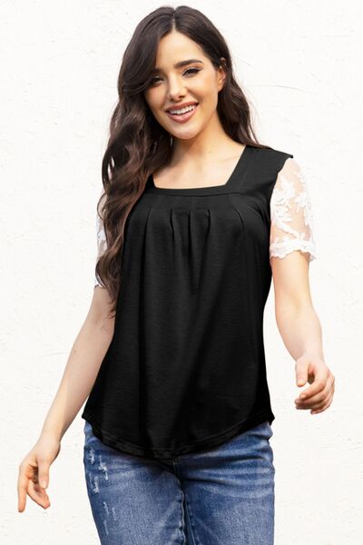 Square Neck Lace Short Sleeve T-Shirt