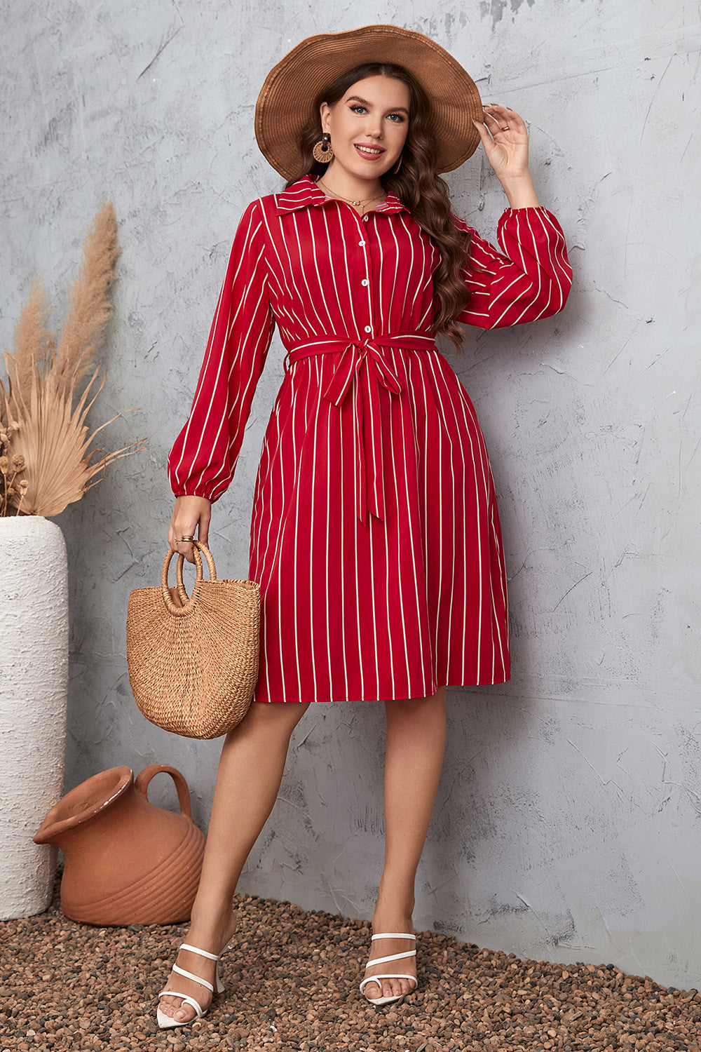 Plus Size Striped Tie Waist Shirt Dress