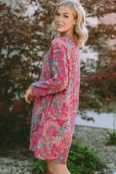 Printed V-Neck Long Sleeve Mini Dress